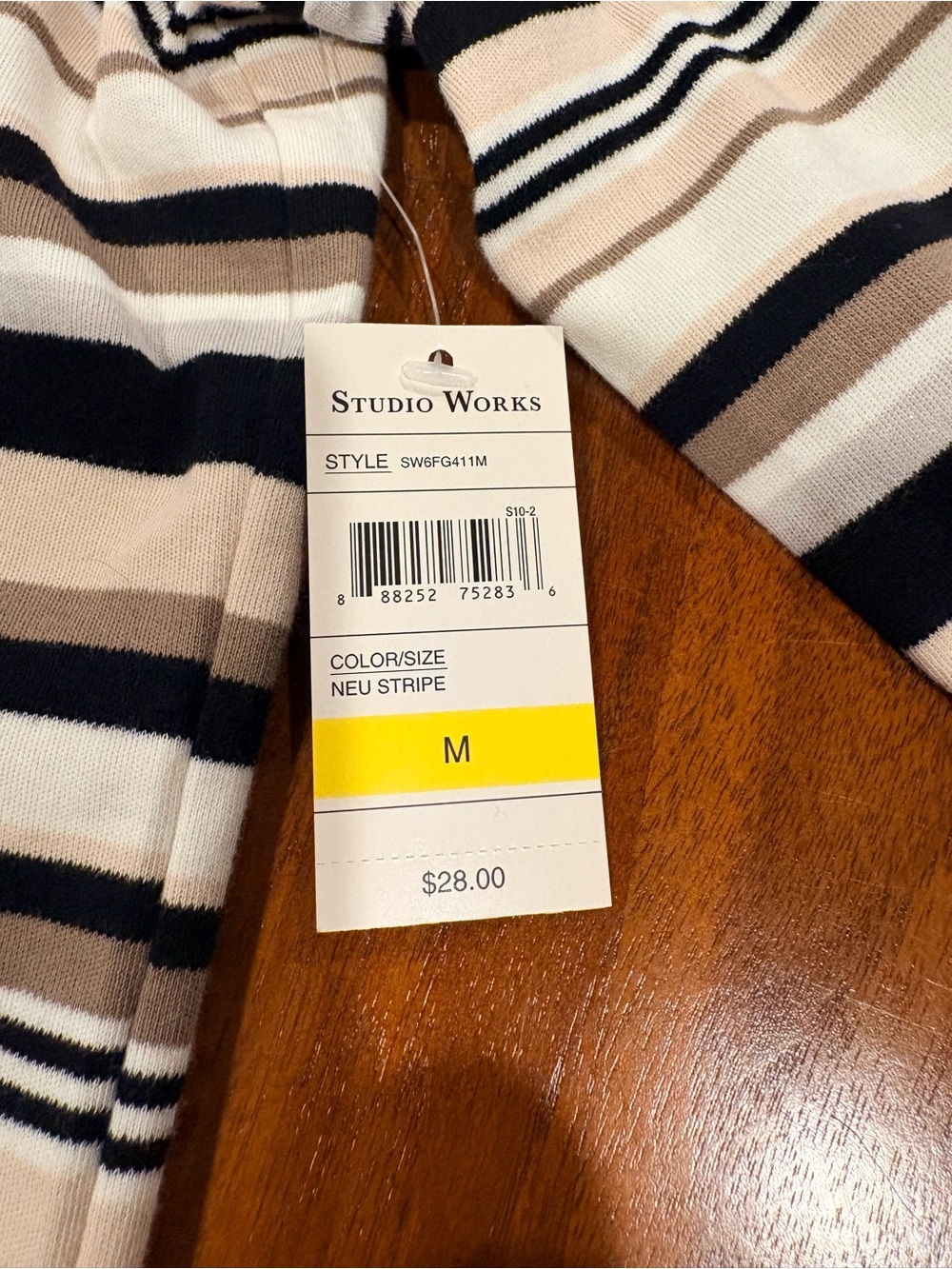 Studio Works Striped Long-Sleeve Crewneck Top in Beige, Black, and Cream, size M - Picture 2 of 5